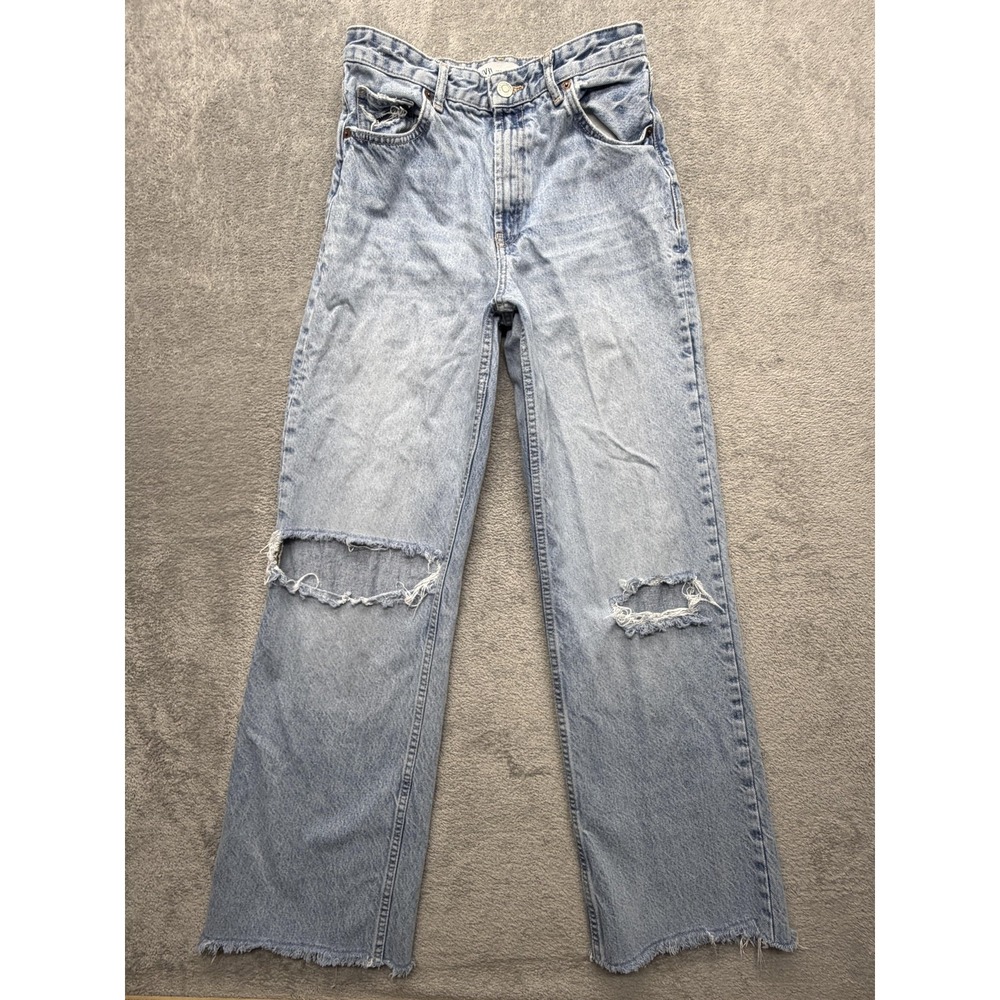 Zara Light Blue High-Rise Distressed Straight Jeans